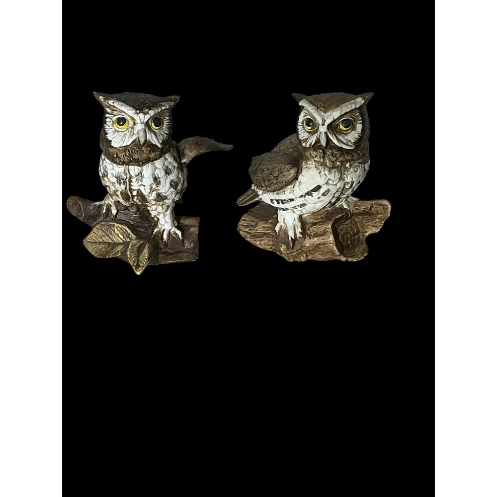 Vintage Homco 2- Great Horned Owls 5" Ceramic Figurines MCM Decor Pair 1114 Set